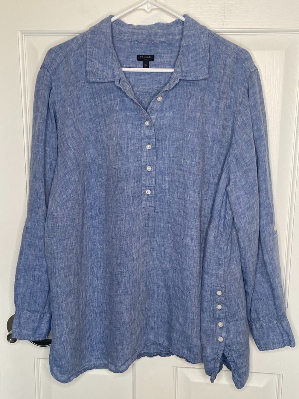Talbots Women's 100% Linen Tunic Top Plus Sz 3X Roll Tab Sleeves Coastal Preppy